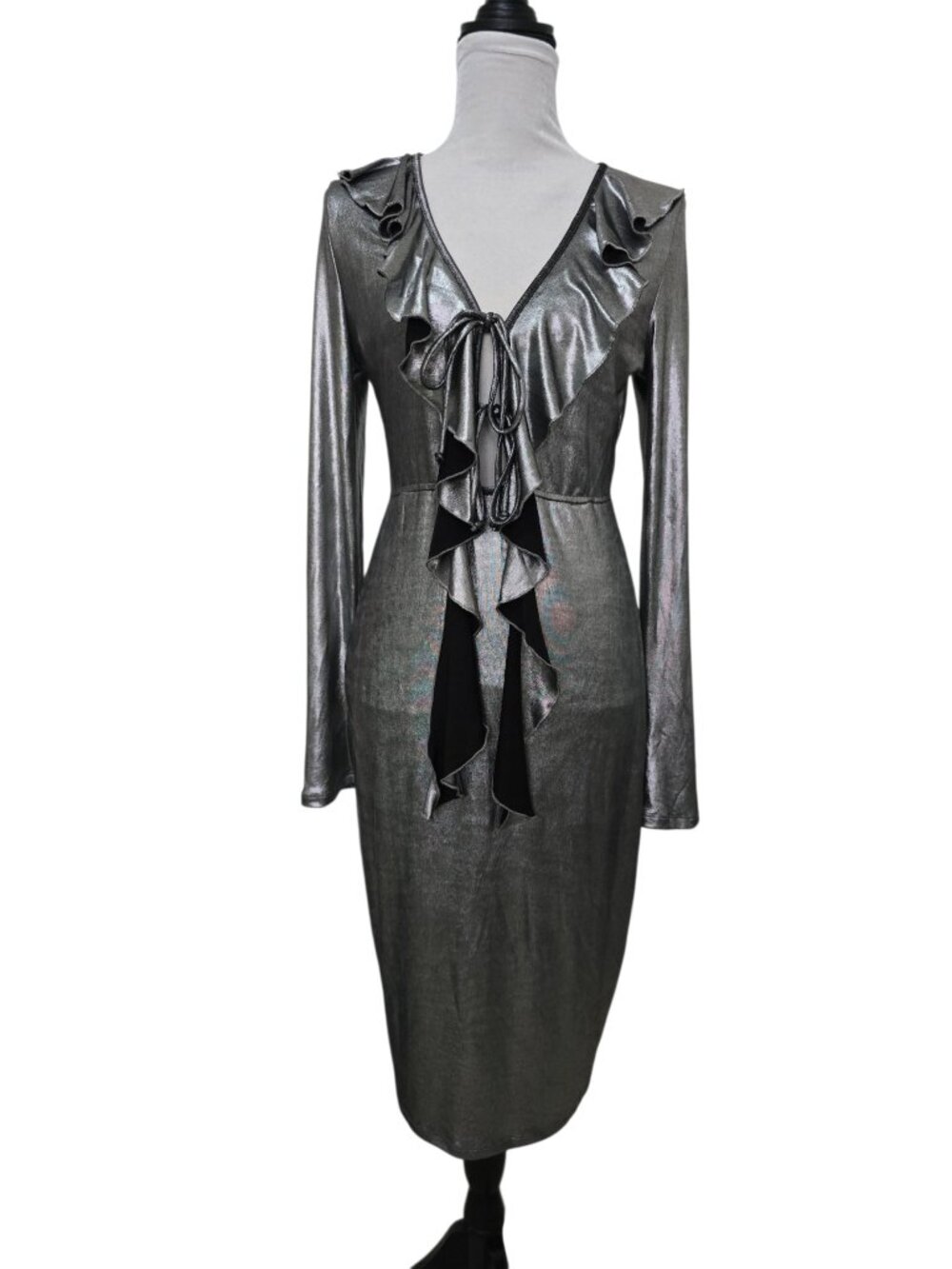 Metallic Silver Midi Dress w Long Sleeves & Cascading Ruffled Deep V-Neck Large